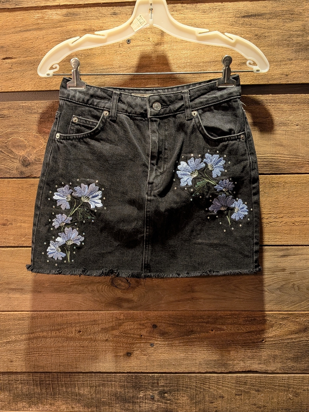Topshop Black Denim Mini Skirt with Blue Floral Embroidery